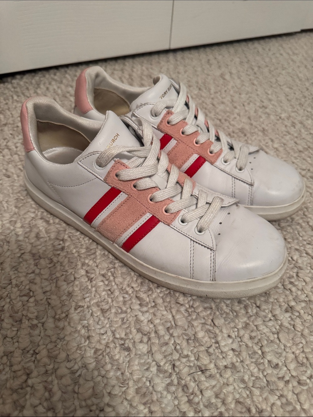 Tory Burch White Leather Sneakers with Pink and Red Stripes